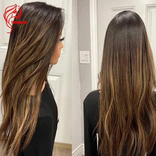 Ombre Caramel Brown Highlights 13x6 Lace Front Human Hair Wigs Balayage Colored - 第 2 张/共 12 张