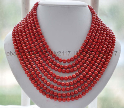 Genuine natural 8 rows 6mm red coral round beads Necklace Handmade 17-24 Inch