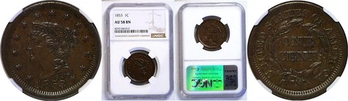 1853 1C Braided Hair Large Cent NGC AU-58
