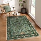 Boho Green Area Rug 3x5 Rug Washable, Traditional Floral Entryway Rug Low-Pil...