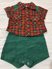 Vintage Red Green Plaid baby outfit Shirt Pants Flannel Corduroy Sz 12/18M
