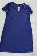 Trulli NWT LOFT Blue Rayon Knit Shift Dress Scoop Neck Ruched Puff Sleeve L