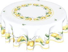 Summer Lemon Round Tablecloth 60 Inch Watercolor Lemon Yellow White Table Clo...