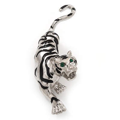 Brosche ''Brüllender Tiger'' aus rhodiniertem Metall