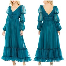 Mac Duggal NWT Teal Chiffon Ruched Tiered Puff Sleeve A Line Maxi Dress Size 12