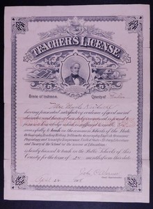 1908 Teacher's License with Grades on back Rochester Indiana C31F