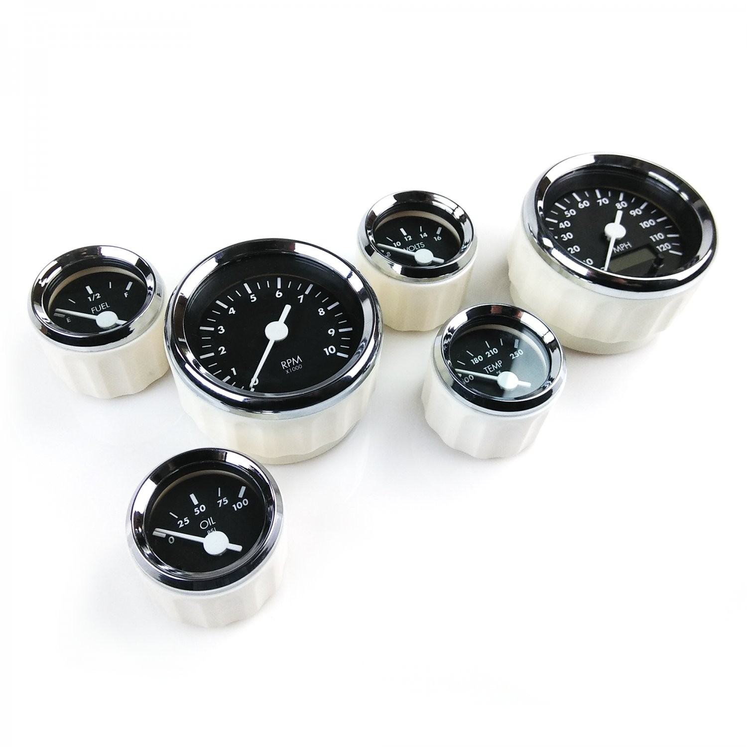 6 Gauge Kit SAE OG Classic Black White V Needles Chrome Trim Instrument Custom