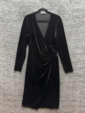 H Halston V-Neck Long Sleeve Velvet Wrap Midi Dress Black Women's Size M/L