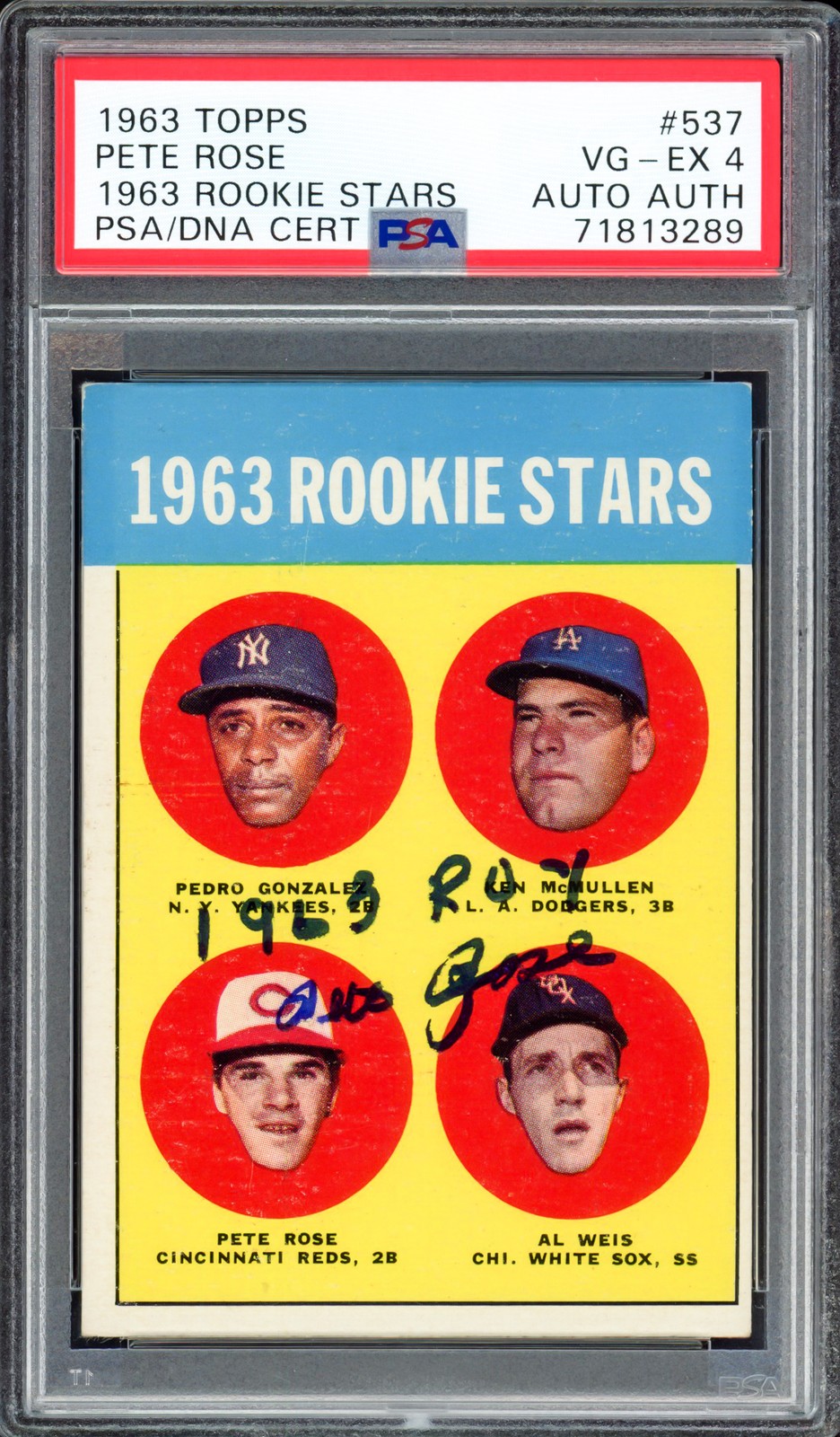 Pete Rose Signed 1963 Topps RC 537 Reds PSA 4 "1963 ROY" PSA/DNA #71813289