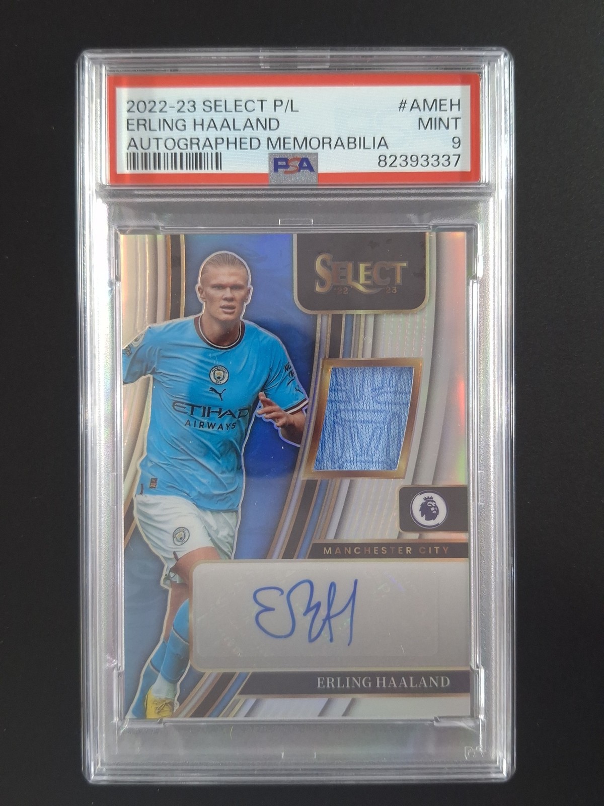 2022-23 Panini Select EPL ERLING HAALAND Patch Auto Silver Prizm #AM-EH PSA 9 view 1