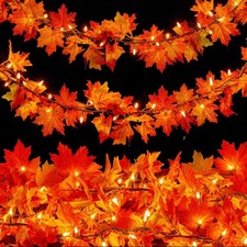 9FT Lighted Fall Garland with 50 Orange Bulbs - Plug-in Autumn Decor for Hallowe
