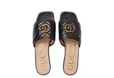 Gucci Marmont Double G Flat Sandals Quilted Black Leather