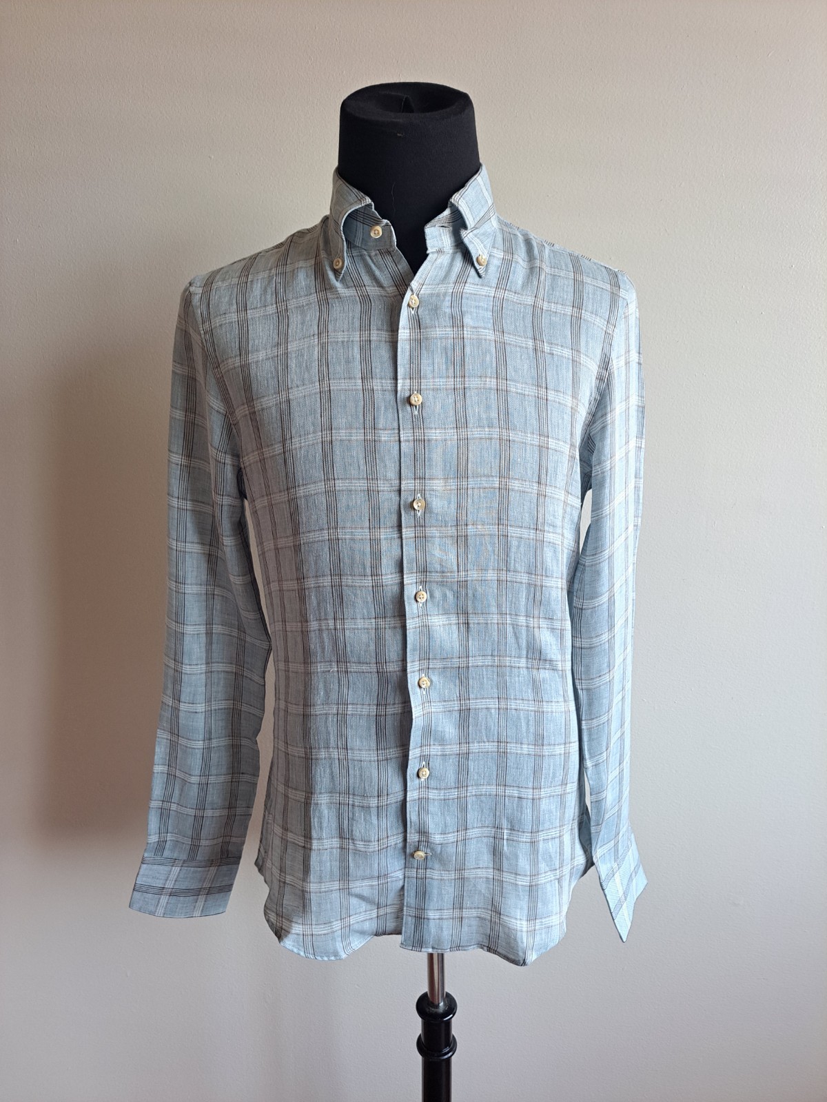 NEW Stenstroms Checked Blue Button Down Slim 100percent Linen Dress Shirt Size M