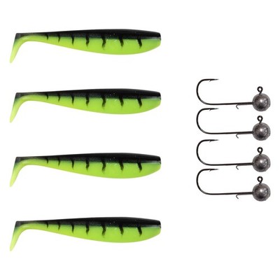 4X Fox Rage Firefly Pro Shad + 4X Pamchion Jig Heads Set 8 Piece Glow Perch