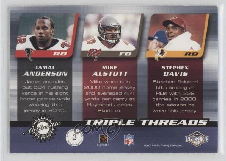2001 Impressions Triple Threads Jamal Anderson Stephen Davis Mike Alstott #3 - Image 2 of 2