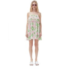 GANNI Womens Pink Green Pleated Ruffle Georgette Strap Mini Dress Sz S