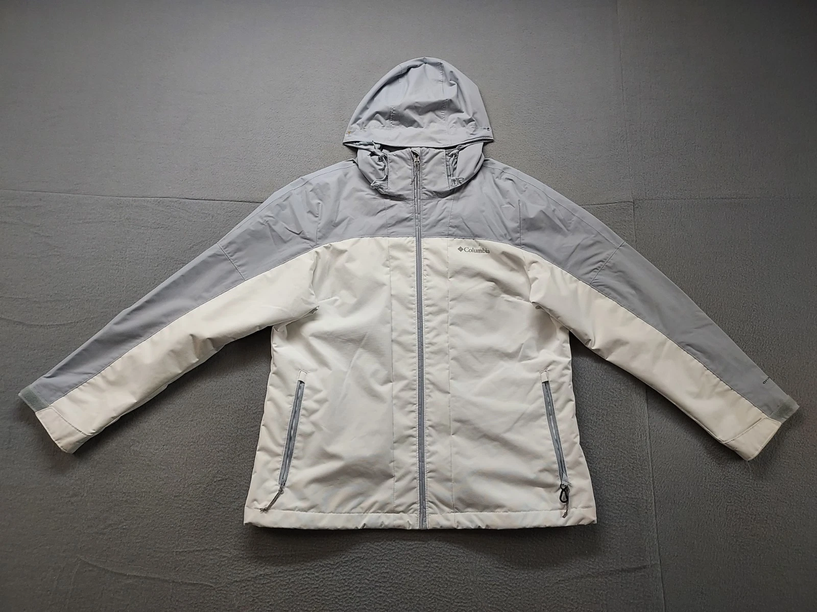 Columbia Women Athletic Jacket L Gray White Full Zip Hooded Insulated Ski Coat