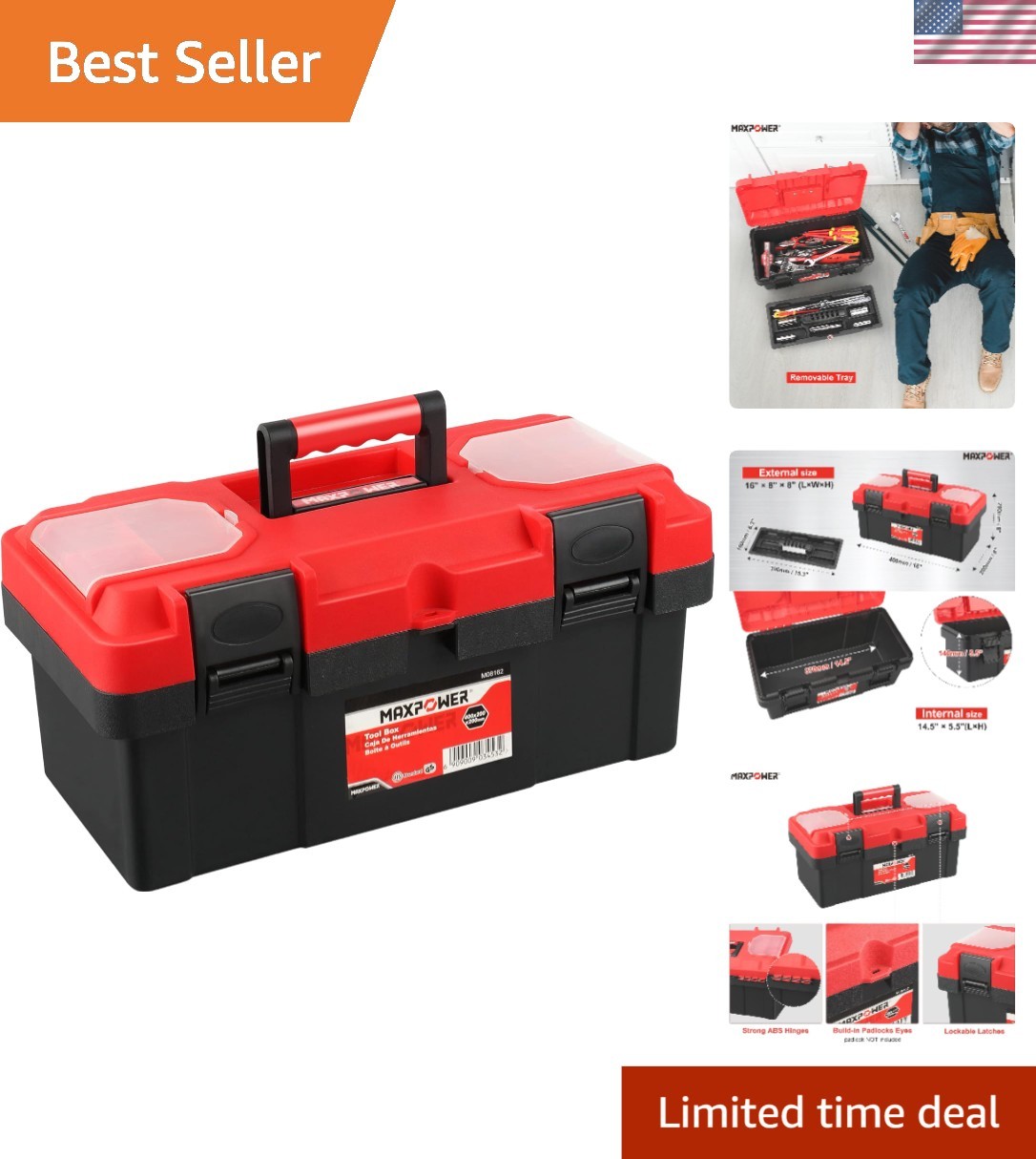 16-Inch Red Lockable Plastic Tool Box with Removable Tray for DIY Projects