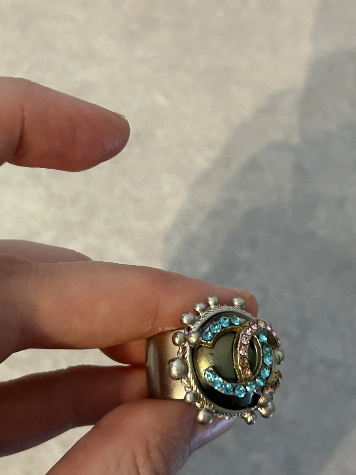 CHANEL 02 Vintage Crystal Pink And Blue CC Embellished Silver Tone Ring - Image 2 of 4