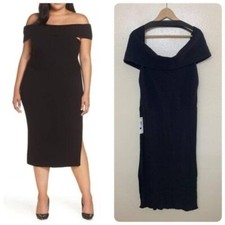 Eliza J Womens Plus 2X Off the Shoulder MIDI Sweater Knit Dress Black Side Slit