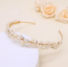 Gold Bridal Headband With Pearls Wedding Headpieces Crystal Party Hair Band