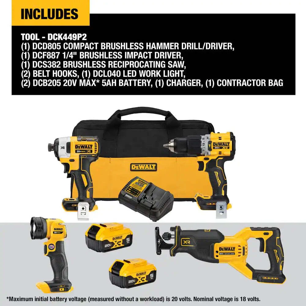 DeWALT DCK449P2 20V MAX XR Brushless 4 Tool Combo Kit w 5.0AH
