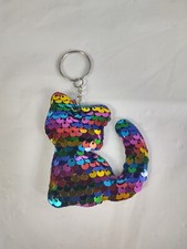 Cat Kitty Kitten Keychain Keyring Rainbow Sequins Silver Tone Metal Cute