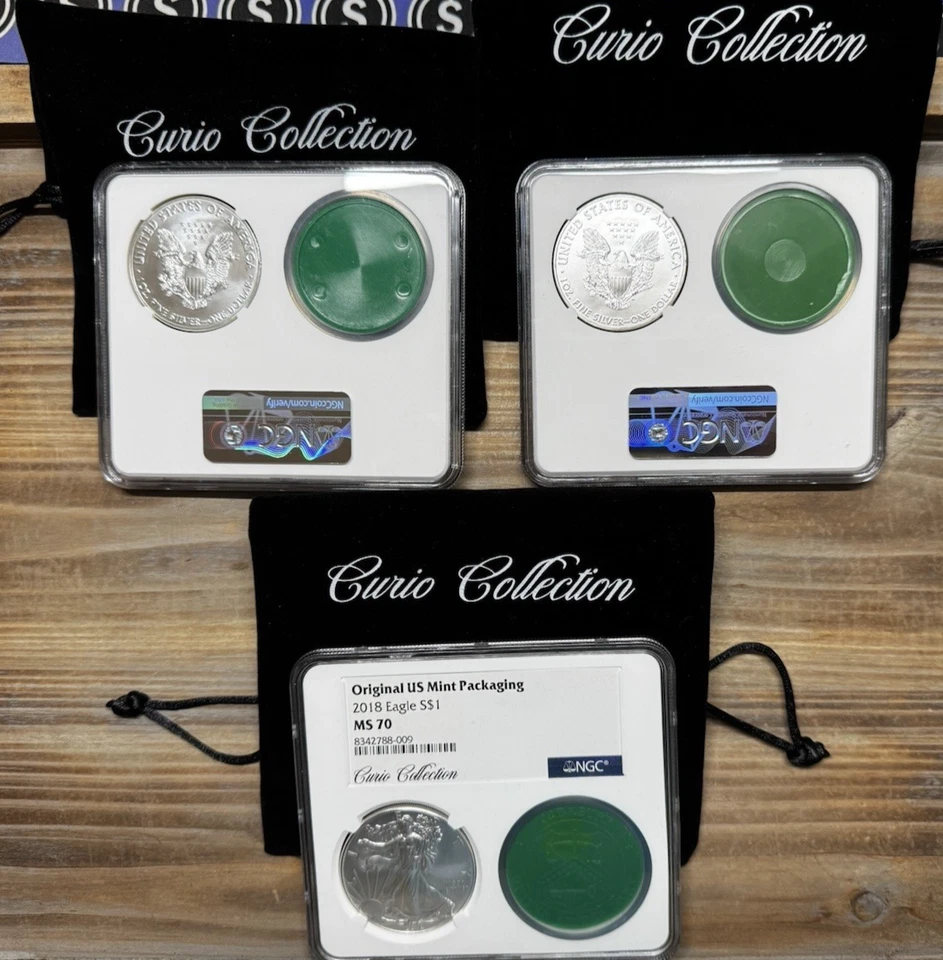 3 Curio Coll.NGC  2018 MS70 (orig mint pckg) Silver Eagles w/bags -RARE-$$DEAL$$ - Image 2 of 4