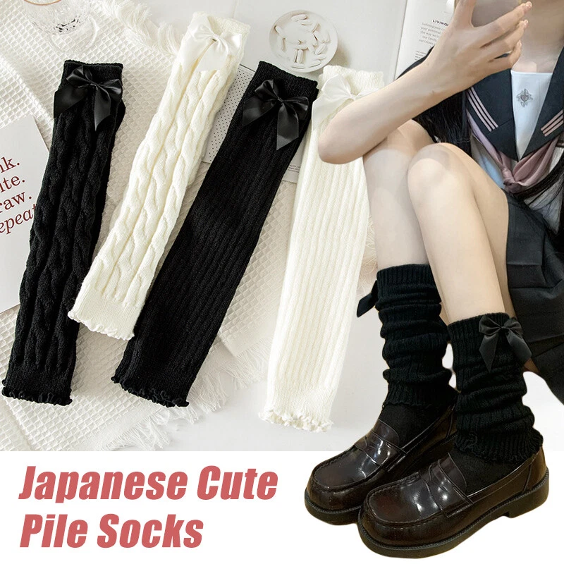 Women Girl Winter Warm Leg Warmers Cable Knitted Crochet Long Bubble Socks w Bow - Image 2 of 4