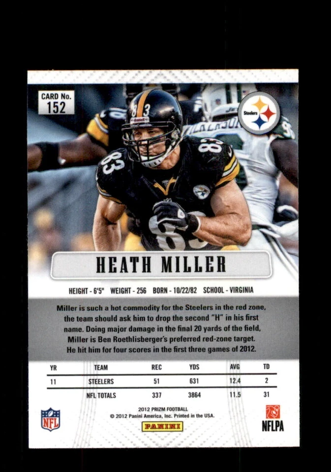 2012 Panini Prizm Heath Miller #152 Pittsburgh Steelers - Image 2 of 2