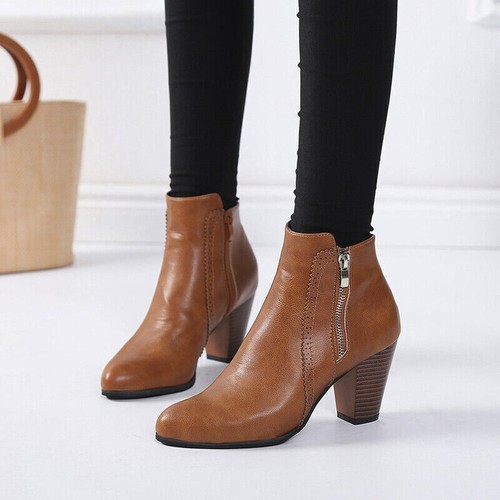 Womens Ladies Mid Block Heel Ankle Boots Point-Toe Office Booties Zip Shoes New - Bild 5 von 14