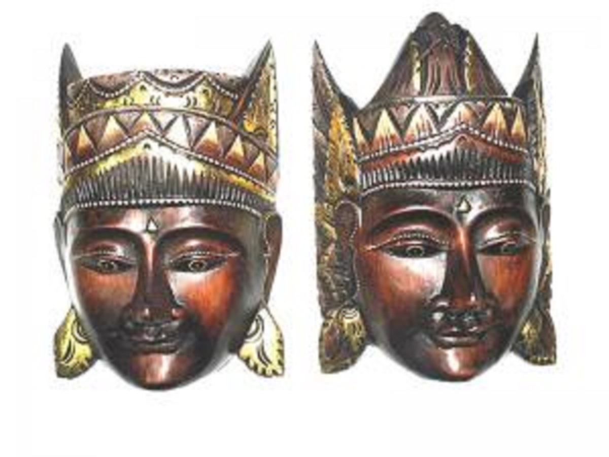 Masque indien bois objet déco murale artisanale marron lot de deux pièces