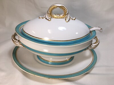 Royal Worcester (?) Aqua/Gold TUREEN/SAUCE BOAT w/Underplate c1885 #9104