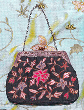 Antique Chinese Embroidery Padded Purse Bag Peonies Forbidden Stitch