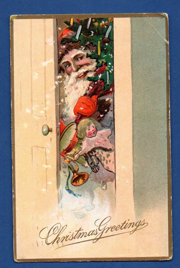 Christmas SANTA CLAUS RED Suit VINTAGE EMBOSSED POSTCARD USED 673