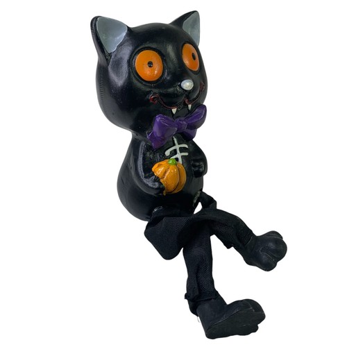 Halloween Village Black Cat Shelf Sitter Resin & Plush Dangling Legs EUC VINTAGE - Picture 4 of 8