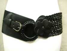 CHIC WOMEN ELASTIC BELT BLACK BRAIDED FAUX LEATHER FLOWER DESIGN 33"-40"