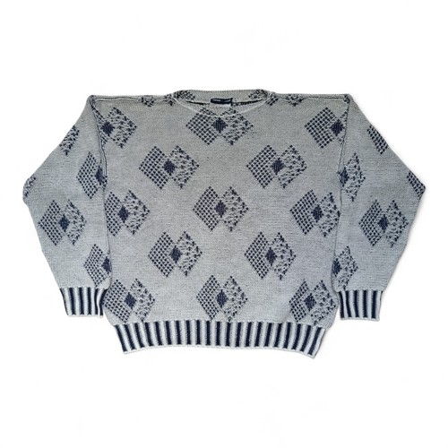 Emporio Armani, Emporio Armani Vintage 80s Blue White Knitted Geometric Boatneck Cotton Sweater