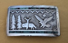 VTG Magnificent Sterling Silver Animals Moon Trees Native Signed RB Belt Buckle