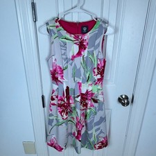 Vince Camuto Floral Print Fit and Flare Sleeveless Dress Grey Pink Size 2