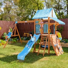 Teamson Kids Laguna Wooden Swing Set with Slide  Rock Wall