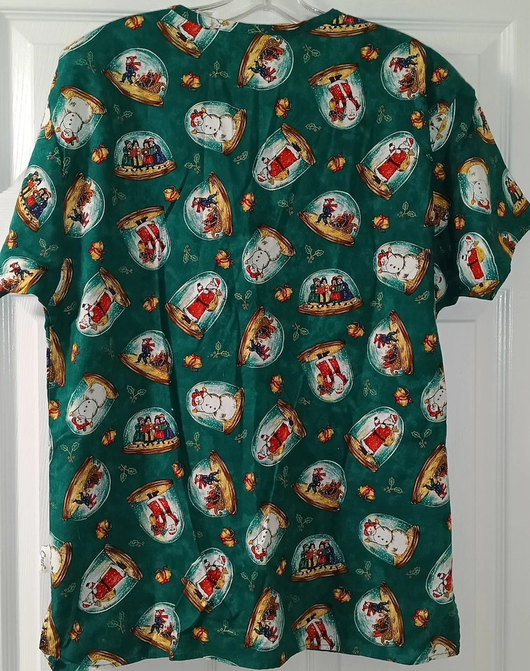 Crest Cotton Womens Small Scrub Top Christmas Snowglobe Print Holiday Unisex - Image 2 of 4