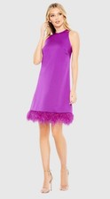 Mac Duggal 55805 Purple Feathered Hem High Neck Sleeveless Trapeze Dress, Size 2
