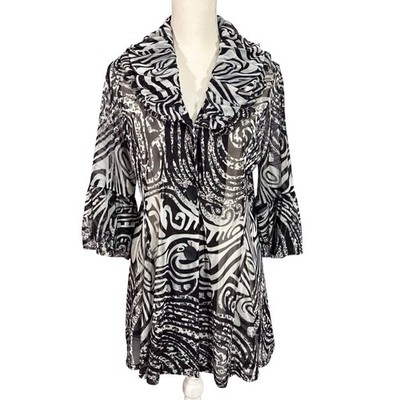 Damee Inc Sheer Swing Jacket Women s Medium Black & White Print Lightweight