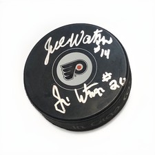Jim and Joe Watson Signed Philadelphia Flyers Logo Puck Broad Street Bully