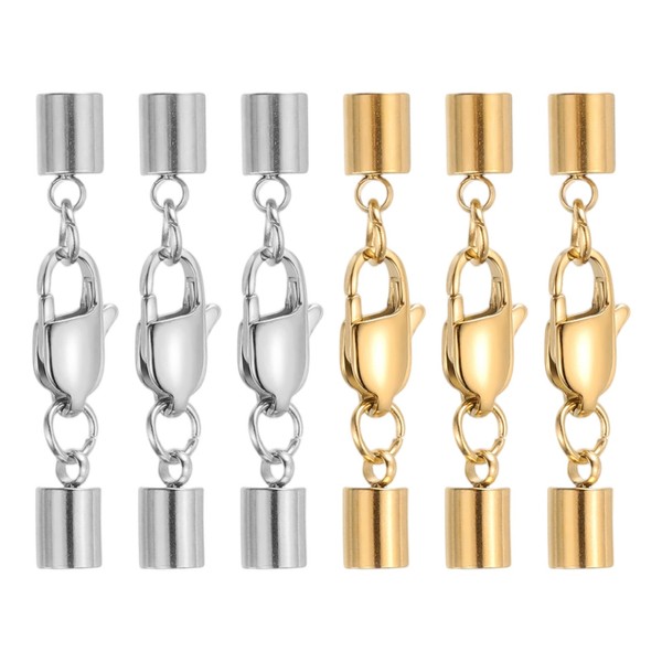 6Er-Set Lederband-Endkappen FüR 4Mm Mit Hummerkarabiner, Silber/Gold-image
