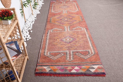 3x10,6 ft Vintage Turkish Rug, Runner Rug, Herki Red Wool Rug