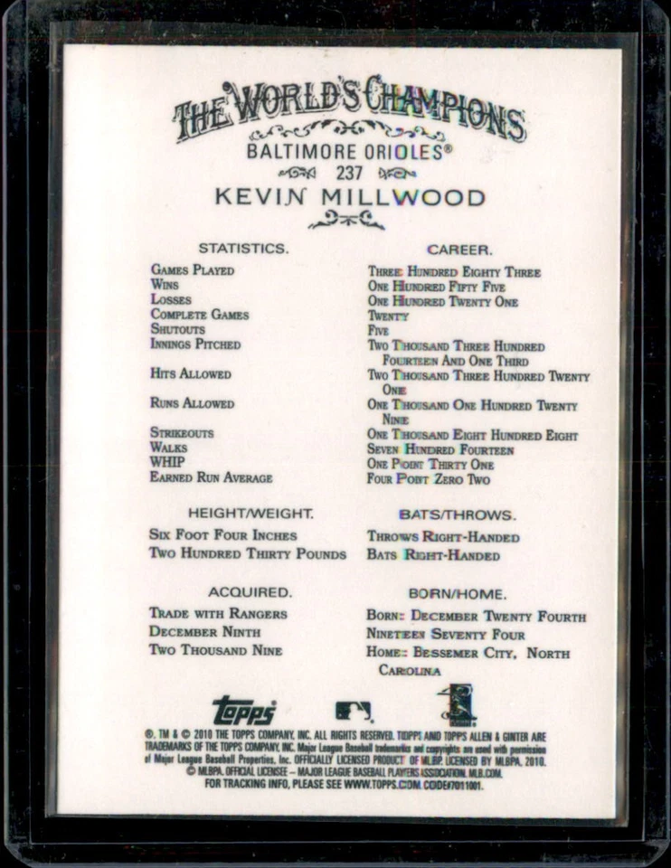 Topps Allen & Ginter's #237 Orioles Kevin Millwood 2010 automático/IP firmada Foto 2 de 2
