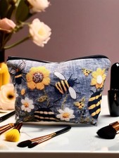 Custom Yellow Black Honey Bee Gray Canvas Cosmetic Bag with Flowers
