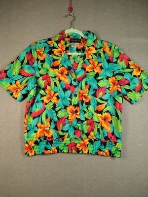 VTG Notations Women Sz 8 Small Button Up Green Orange Sleeve Top Blouse 